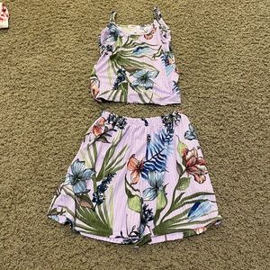 Purple floral print matching tank top and shorts set